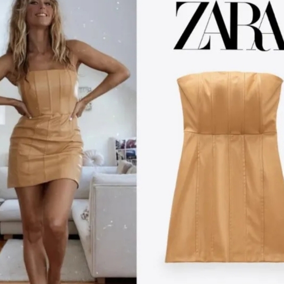 ZARA WOMAN NWT CARAMEL FAUX LEATHER DRESS SIZE MEDIUM - Picture 2 of 10